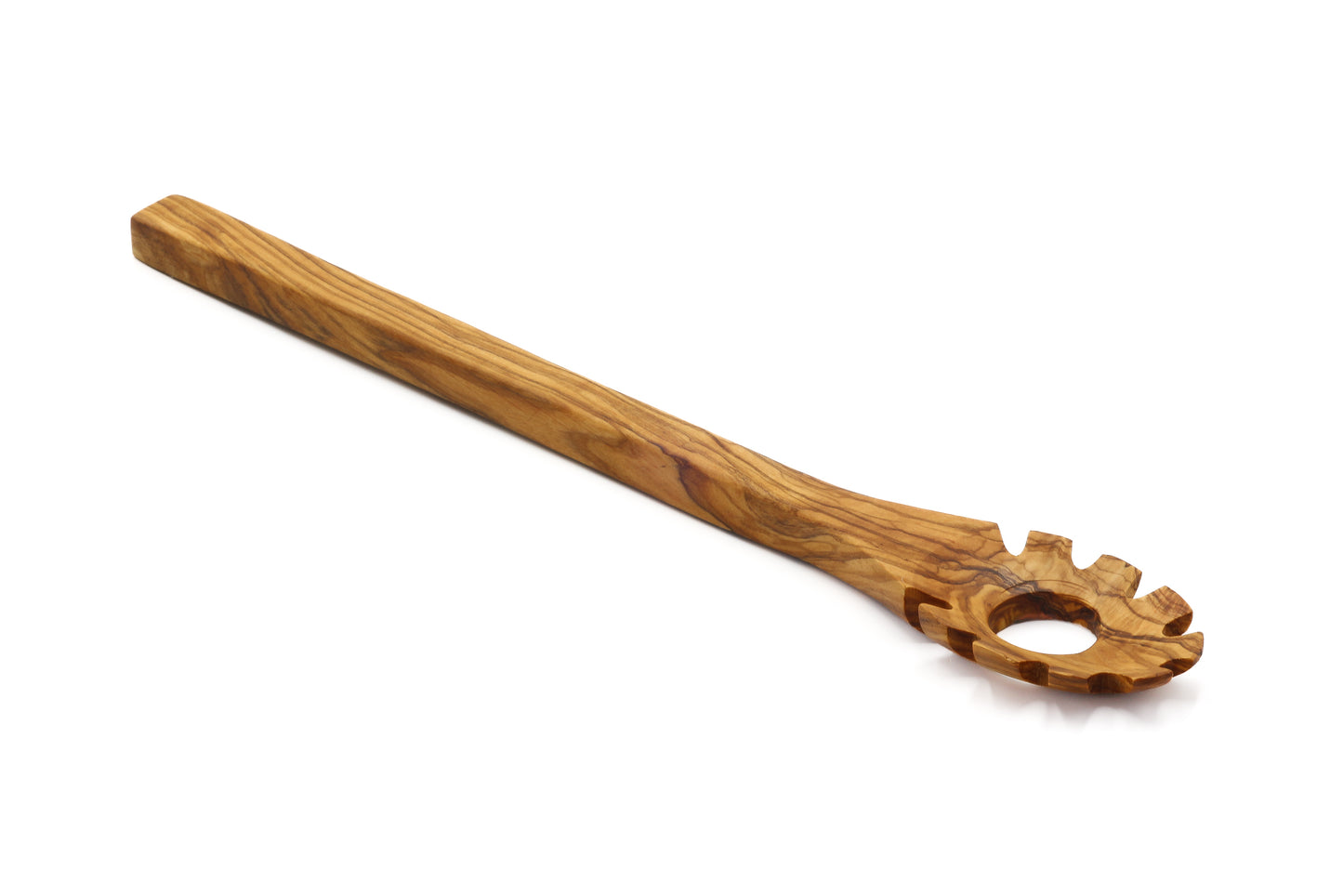 Hand-finished olive wood spaghetti scoop with a hook