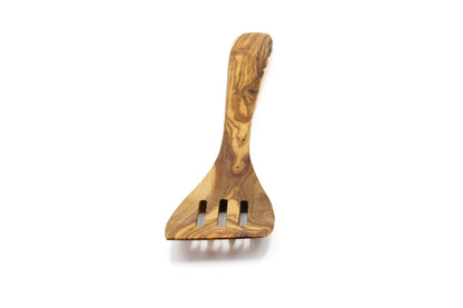 Artisan-crafted perforated olive wood spatula
