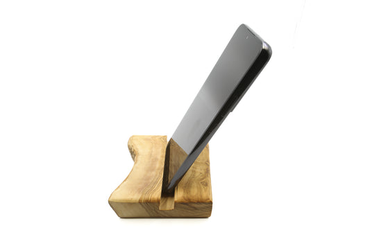 A stylish and practical mobile phone holder made of olive wood