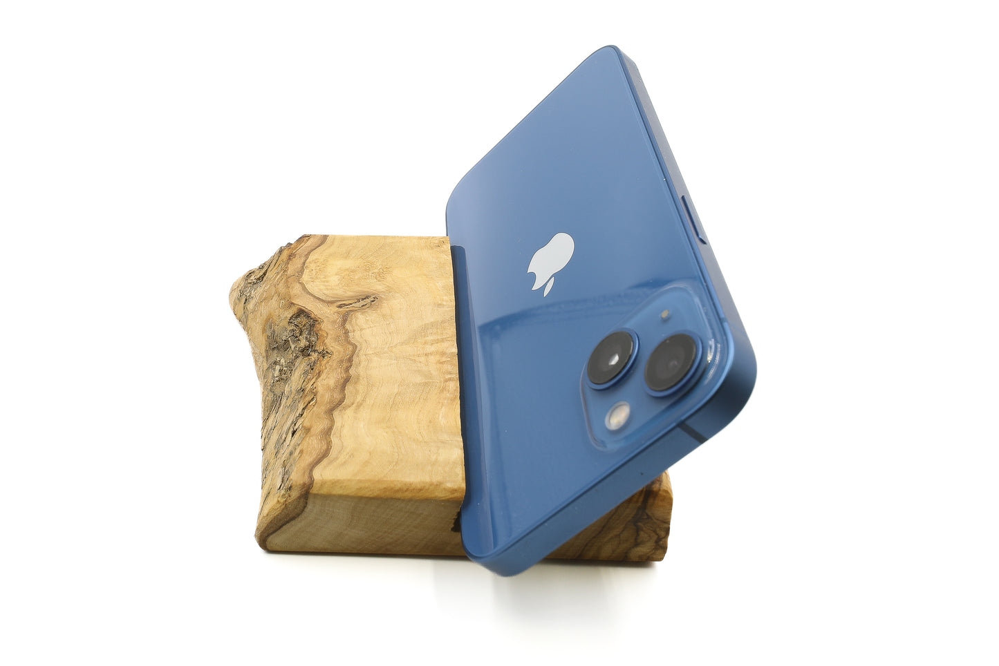 Hand-finished olive wood phone holder for your convenience