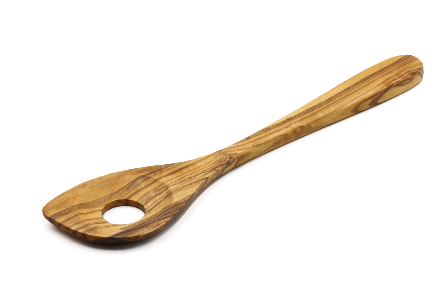 Olive wood stirring and mixing spoon with a central hole