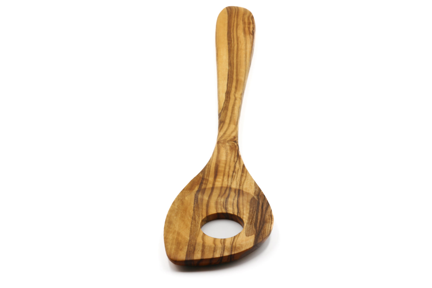 Eco-friendly olive wood utensil with a central hole for eco-conscious chefs