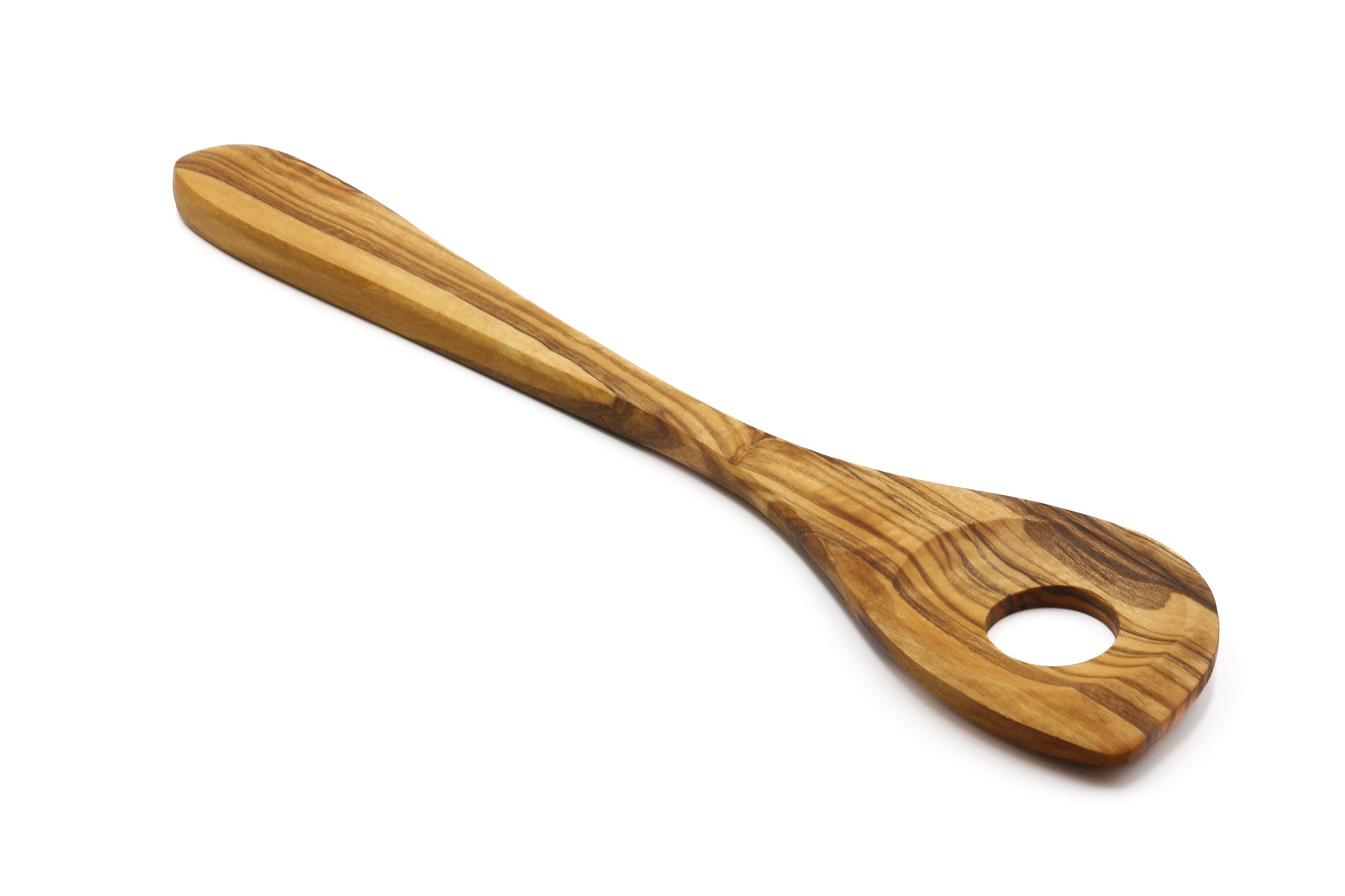Artisan-made pointed cooking spoon in olive wood, designed with a central hole