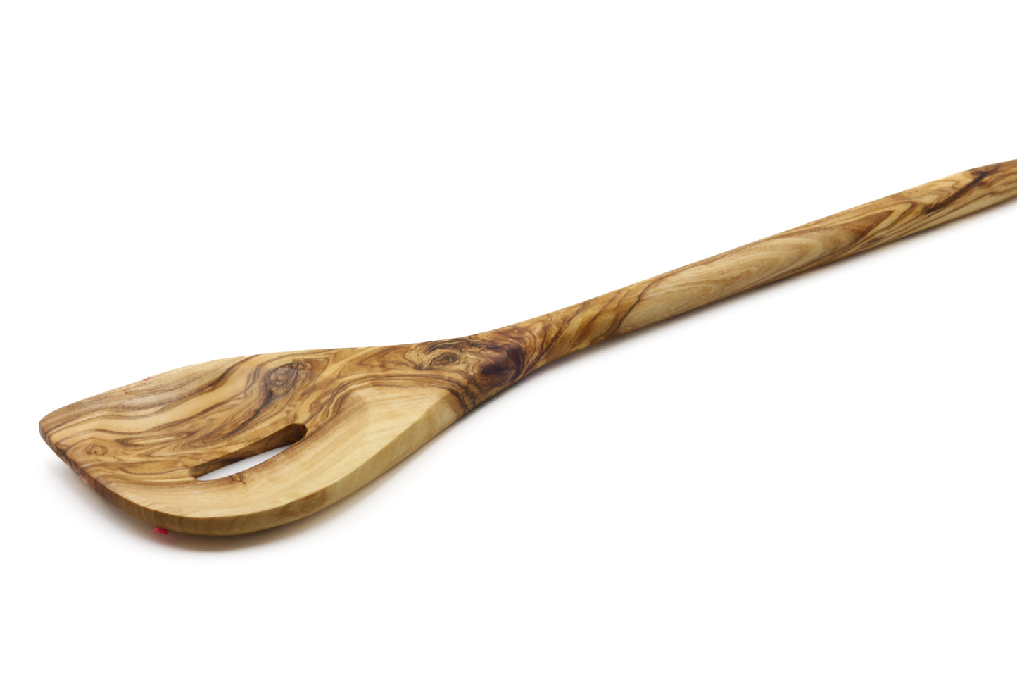Pointed olive wood utensil for stirring and mixing, featuring a central hole