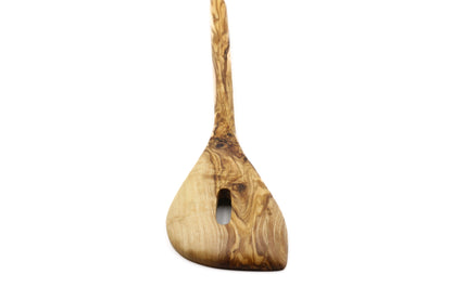 Rustic cooking tool in olive wood, perfect for mixing, with a central hole