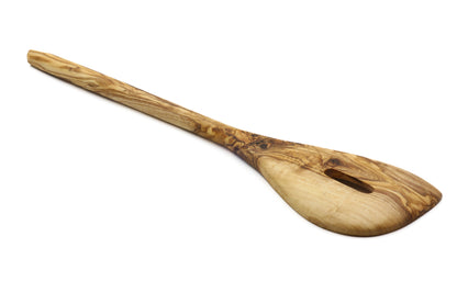 Hand-finished olive wood pointed stirring and mixing spoon with a central hole