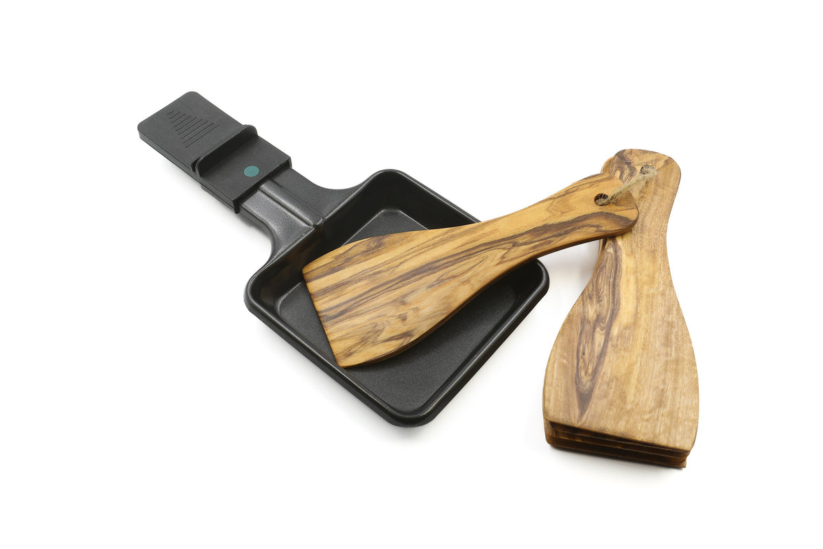 Set of 6 handmade olive wood raclette spatulas, included in the raclette gift set