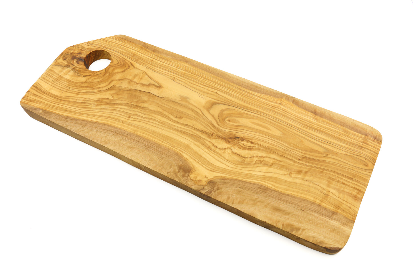 Rectangular olive wood cutting board featuring beveled edges