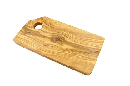 Beveled cutting board made from olive wood in a rectangular shape