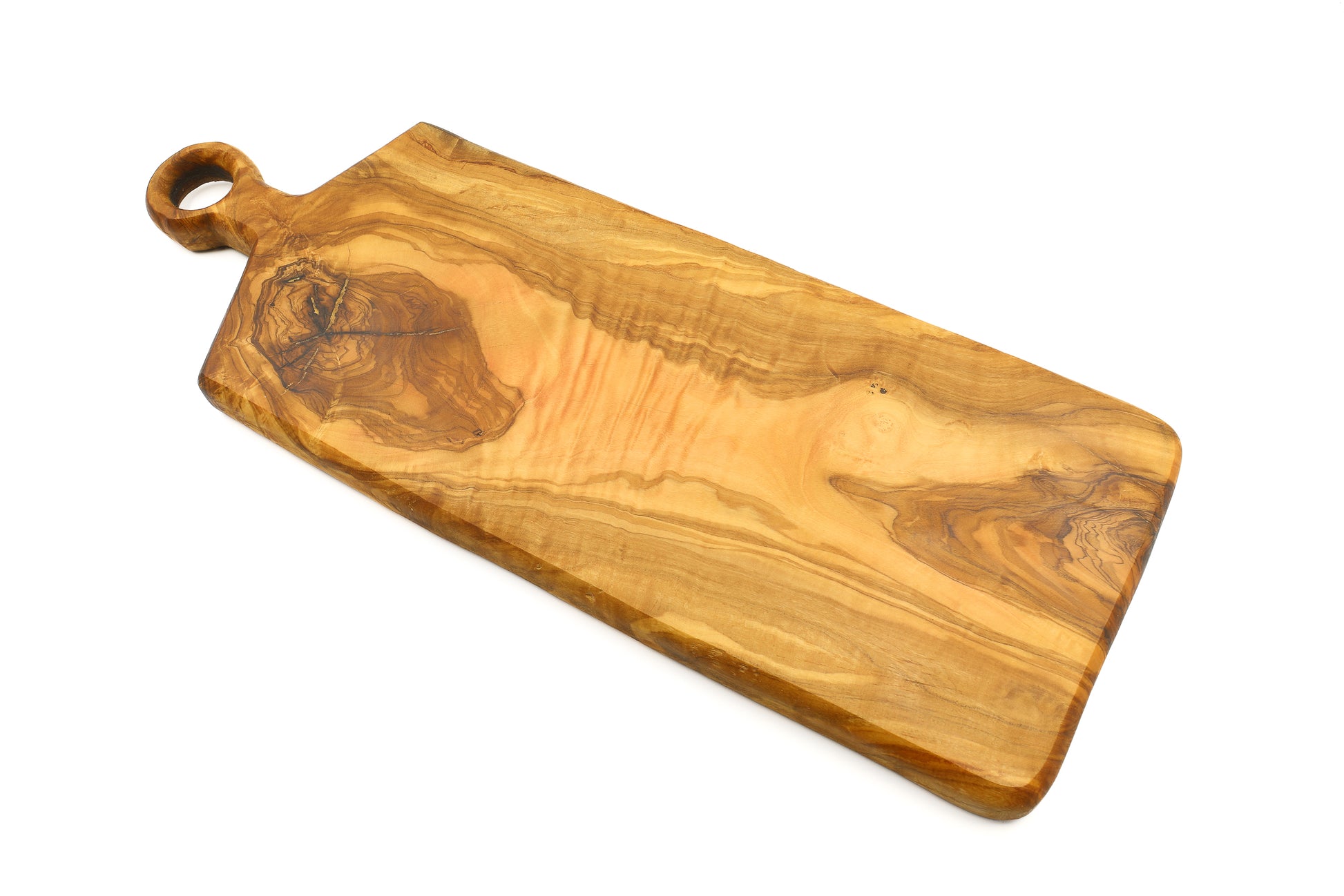 Olive wood cutting board with a stylish ringed handle, rectangular