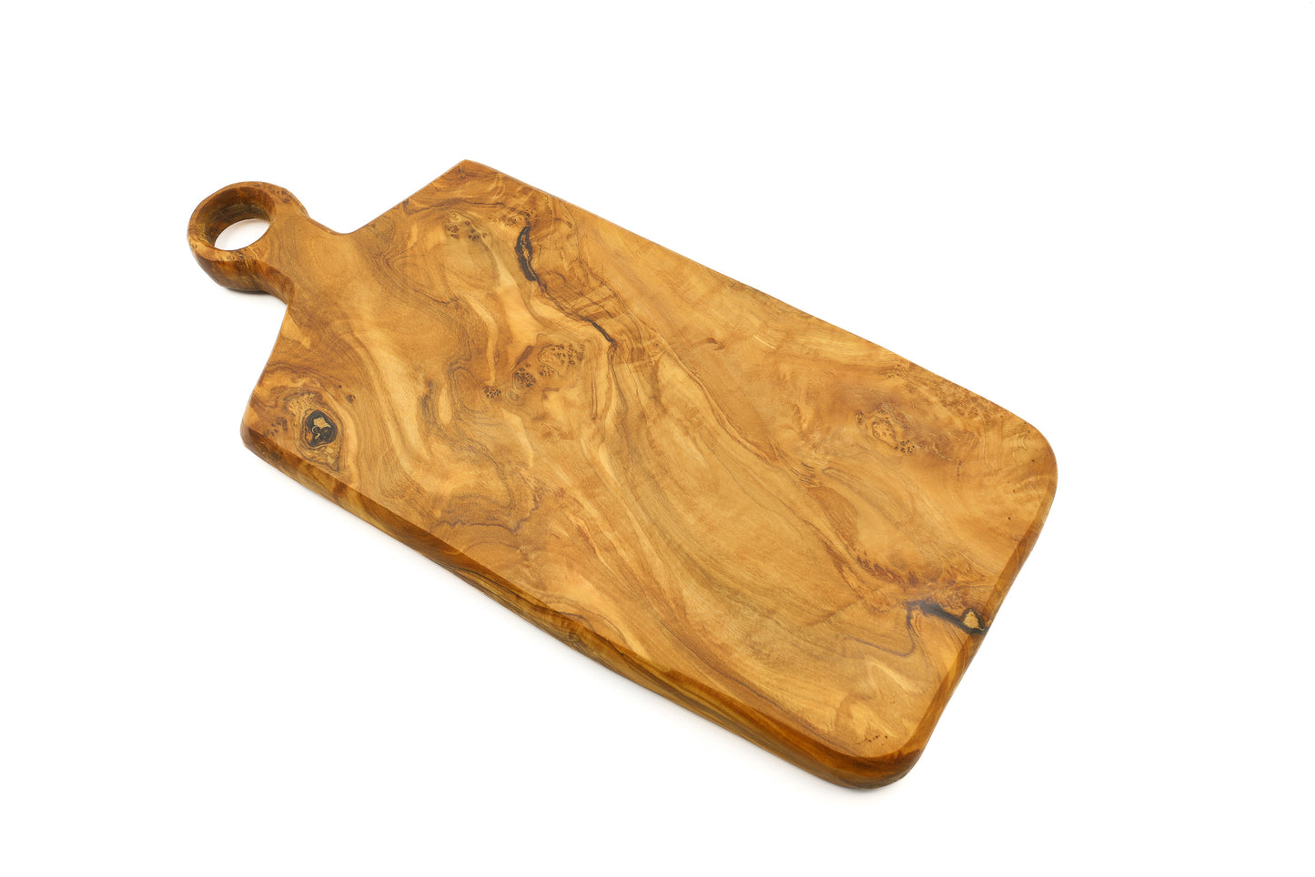 Rectangular olive wood cutting board featuring a ringed handle