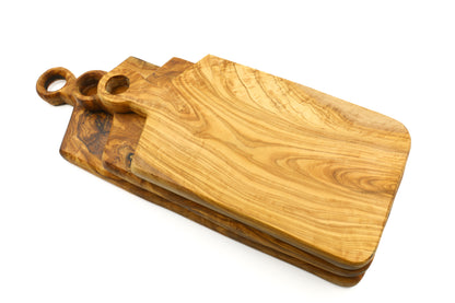 Olive wood cutting board with a ringed handle, rectangular