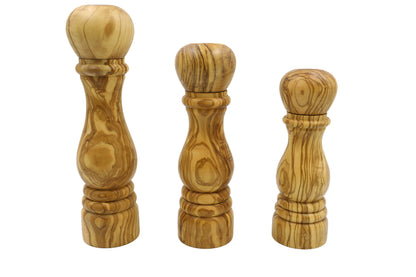 Rustic olive wood salt and pepper mills with a durable ceramic mechanism