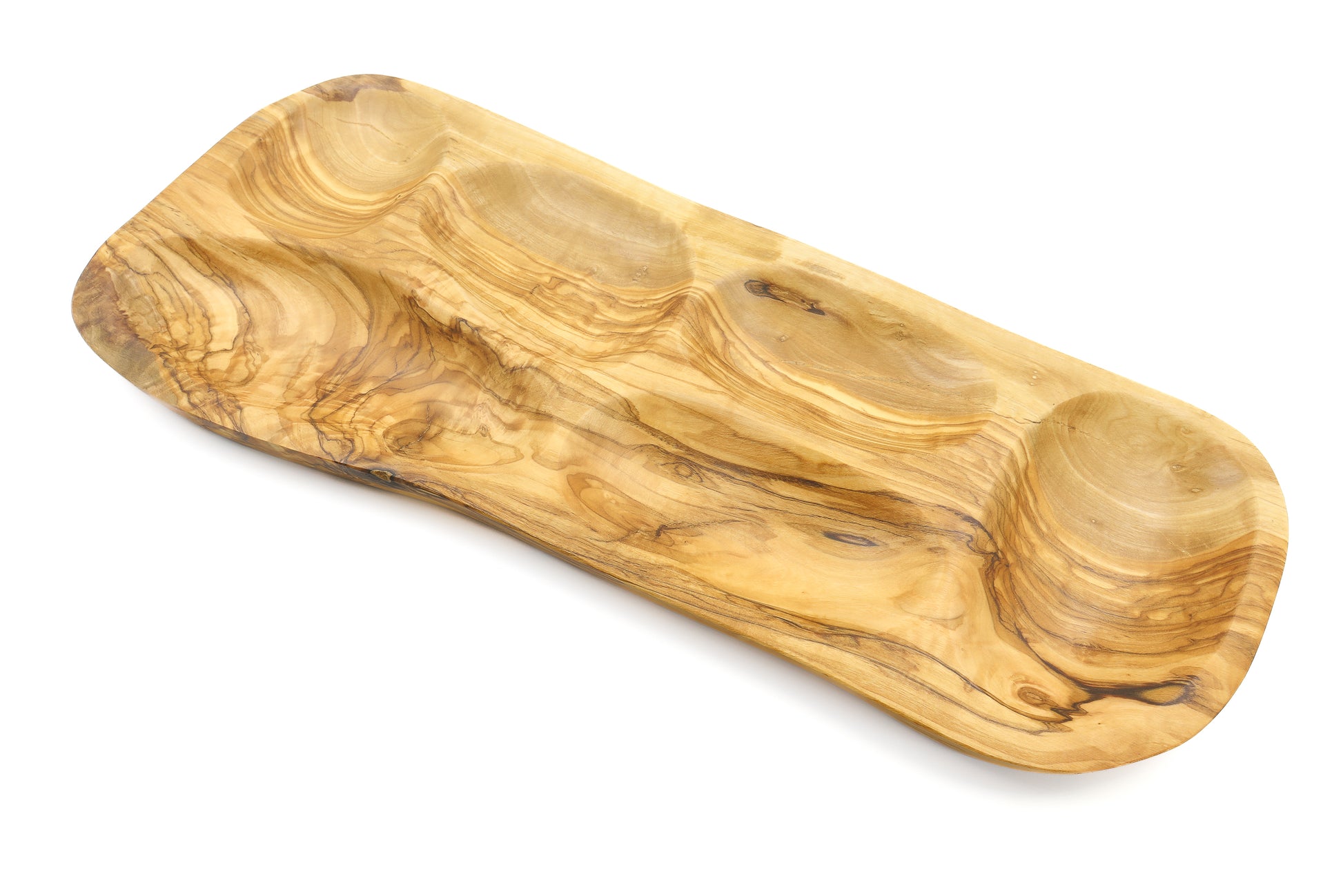Irregular olive wood serving tray with separate sections for finger foods