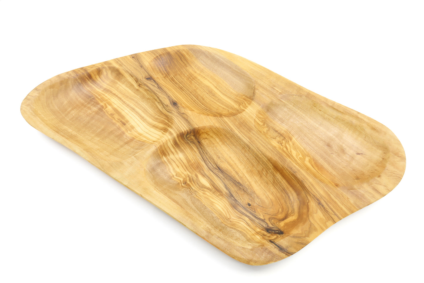 Rustic olive wood serving tray with an irregular layout for your favorite snacks