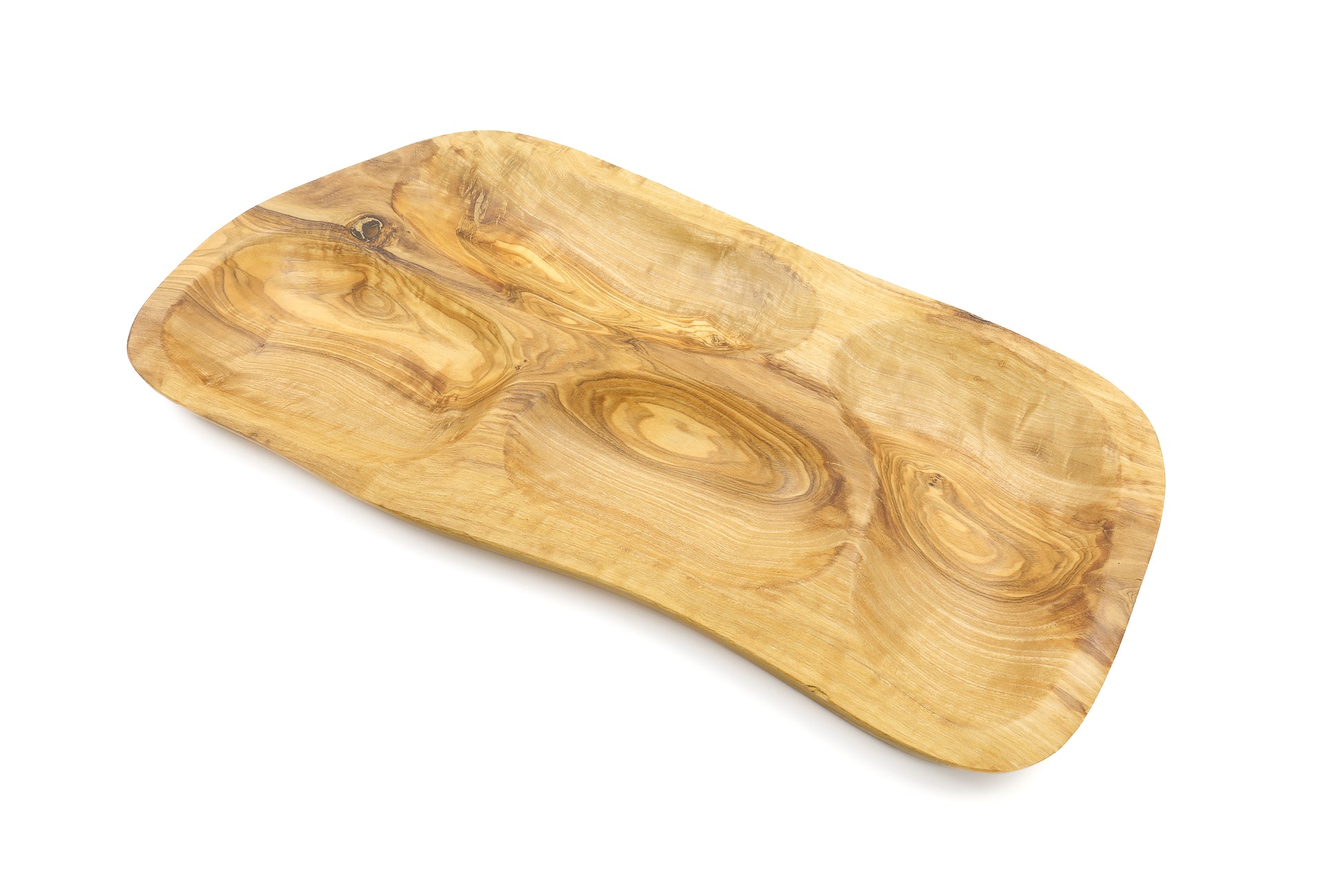 Natural olive wood appetizer tray with an irregular shape and sectional divisions