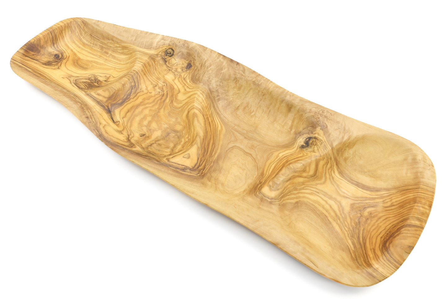 Eco-friendly appetizer tray made from olive wood, featuring a unique shape