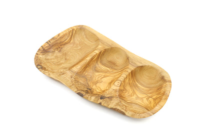 Handcrafted olive wood appetizer tray with an irregular and sectional design