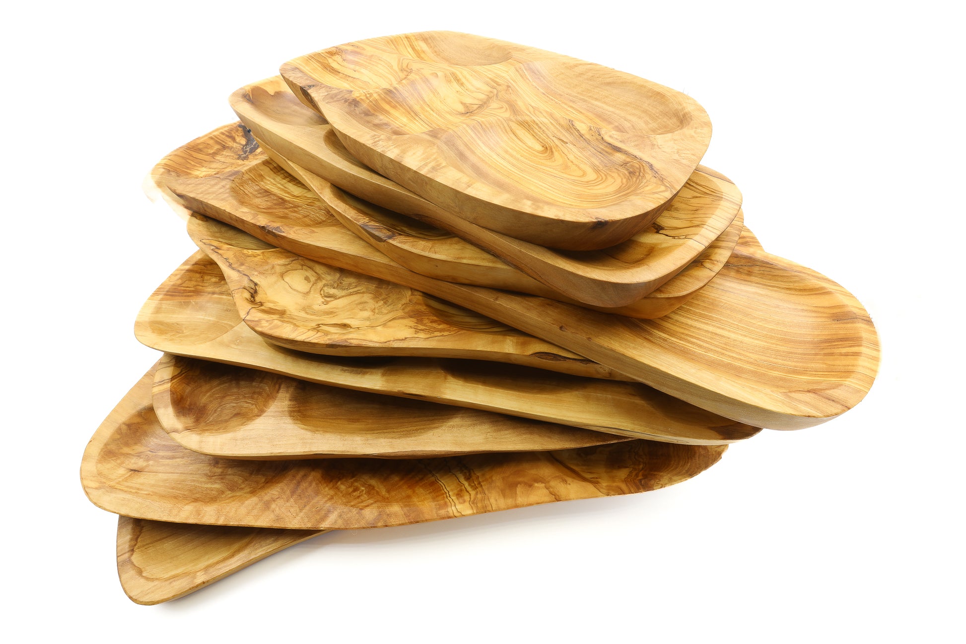 Irregular-shaped olive wood serving tray with multiple sections
