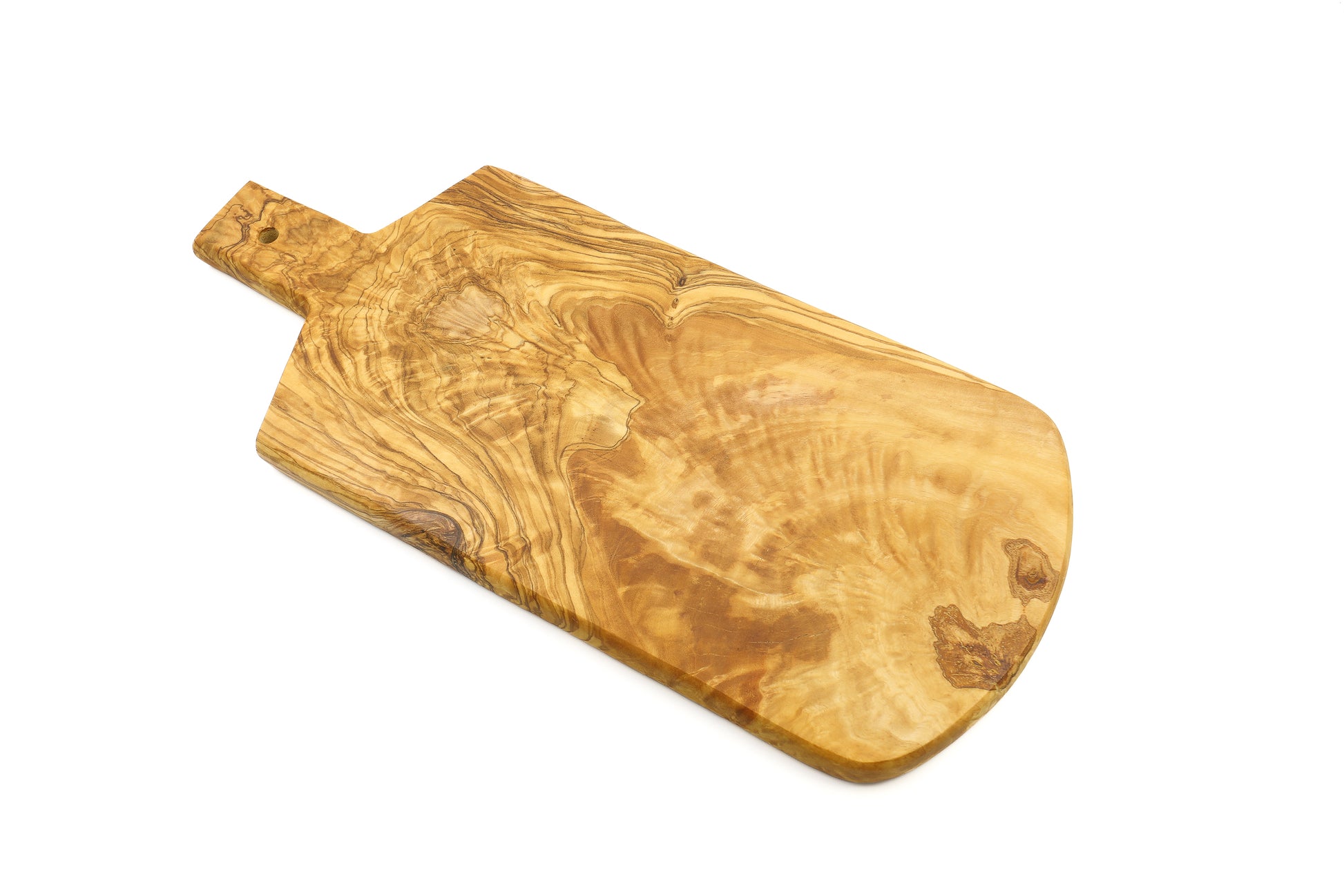 Shield-inspired olive wood serving board with a convenient handle