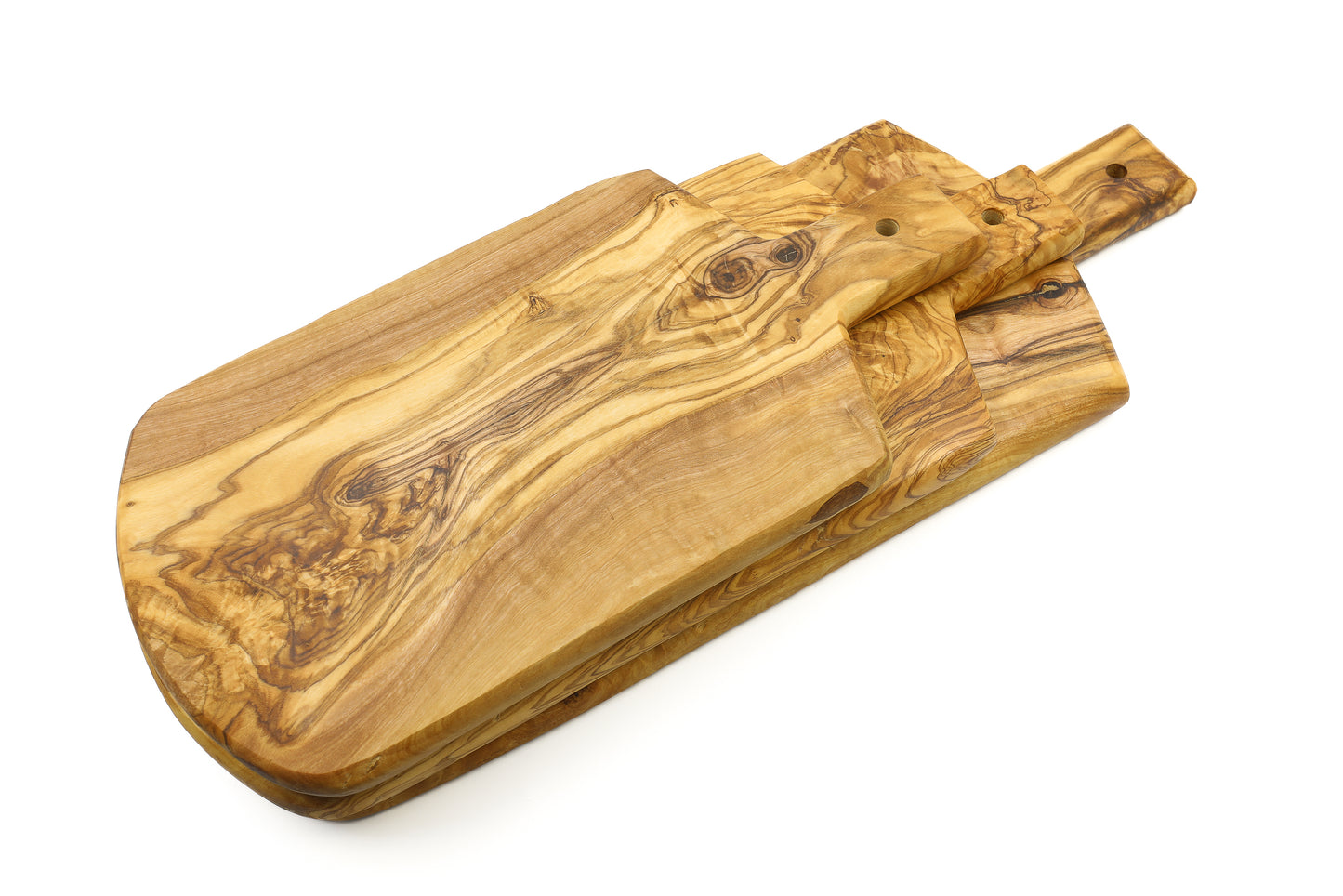 Olive wood shield-shaped serving board featuring a handle