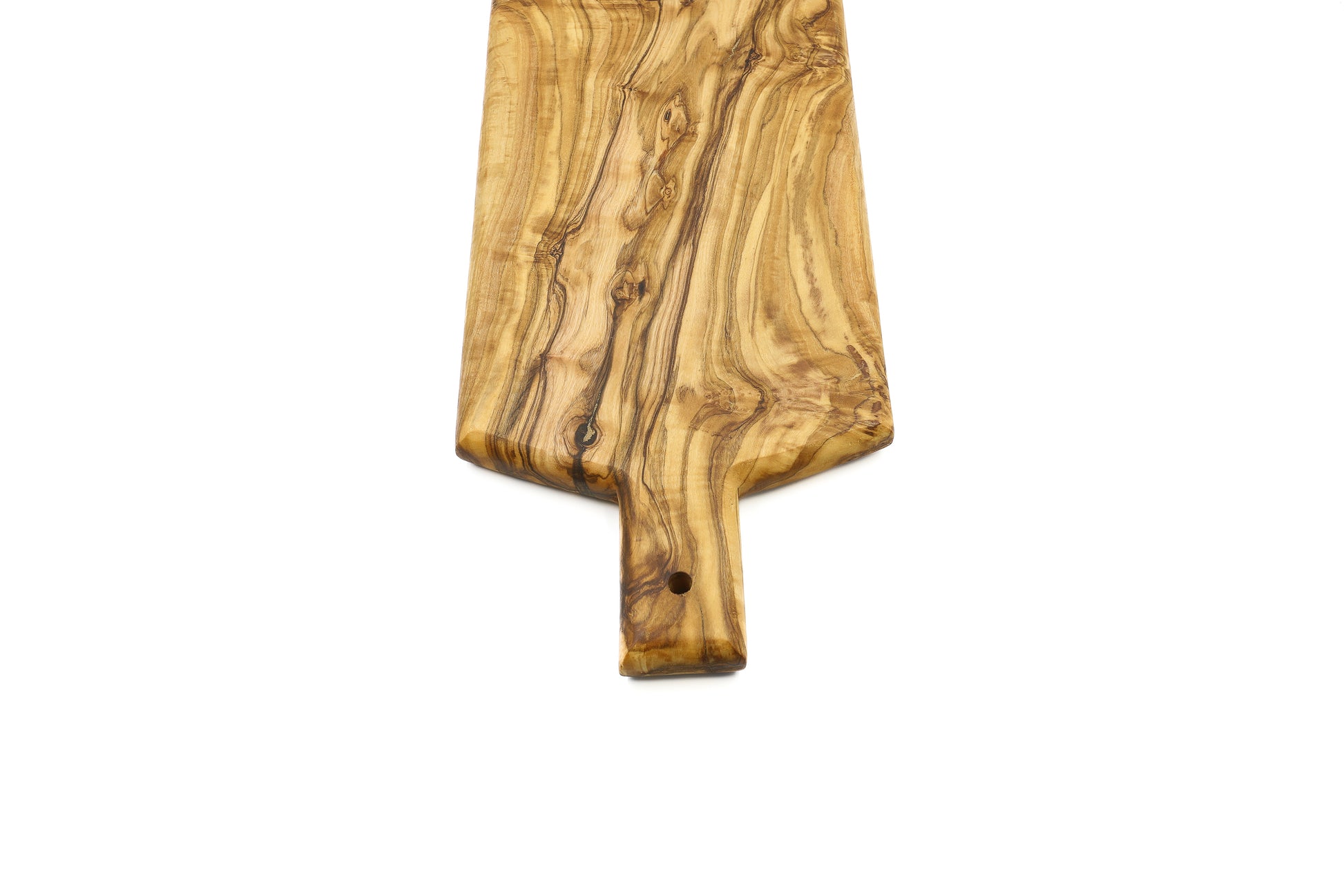 Serving board with a shield design made from olive wood and equipped with a handle