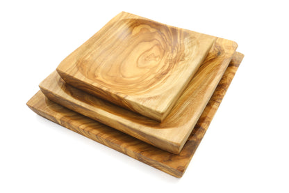 Handcrafted olive wood square plates and rectangular dishes