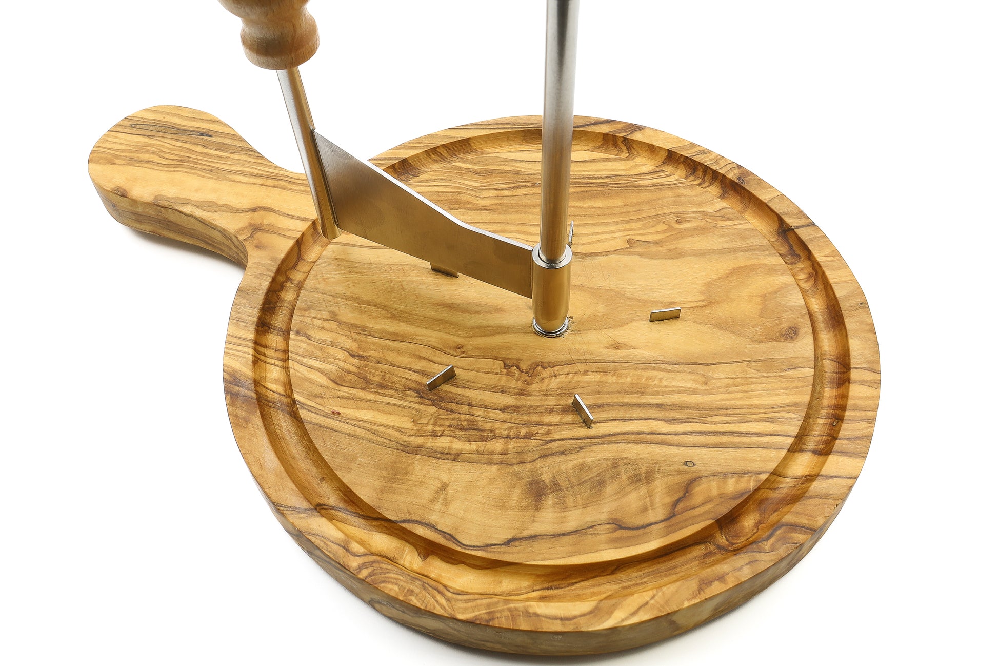 Unique olive wood kitchen accessory for serving cheese, equipped with a stainless steel platter and cheese shaver