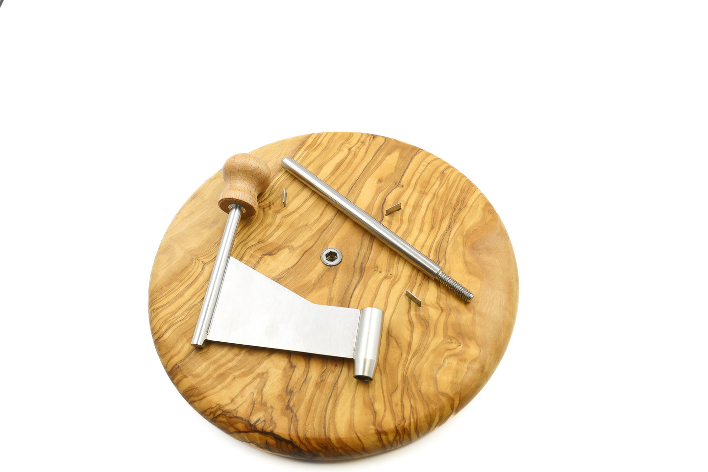 Olive wood cheese board with stainless steel platter, cheese shaver