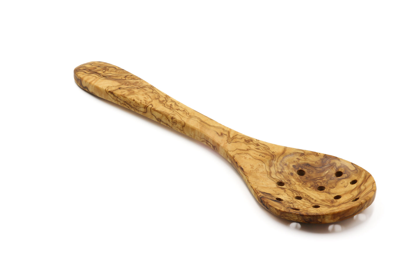 Olive wood perforated skimming spoon, strainer, and serving utensil