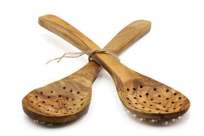 Olive wood perforated scoop, skimmer, and serving spoon