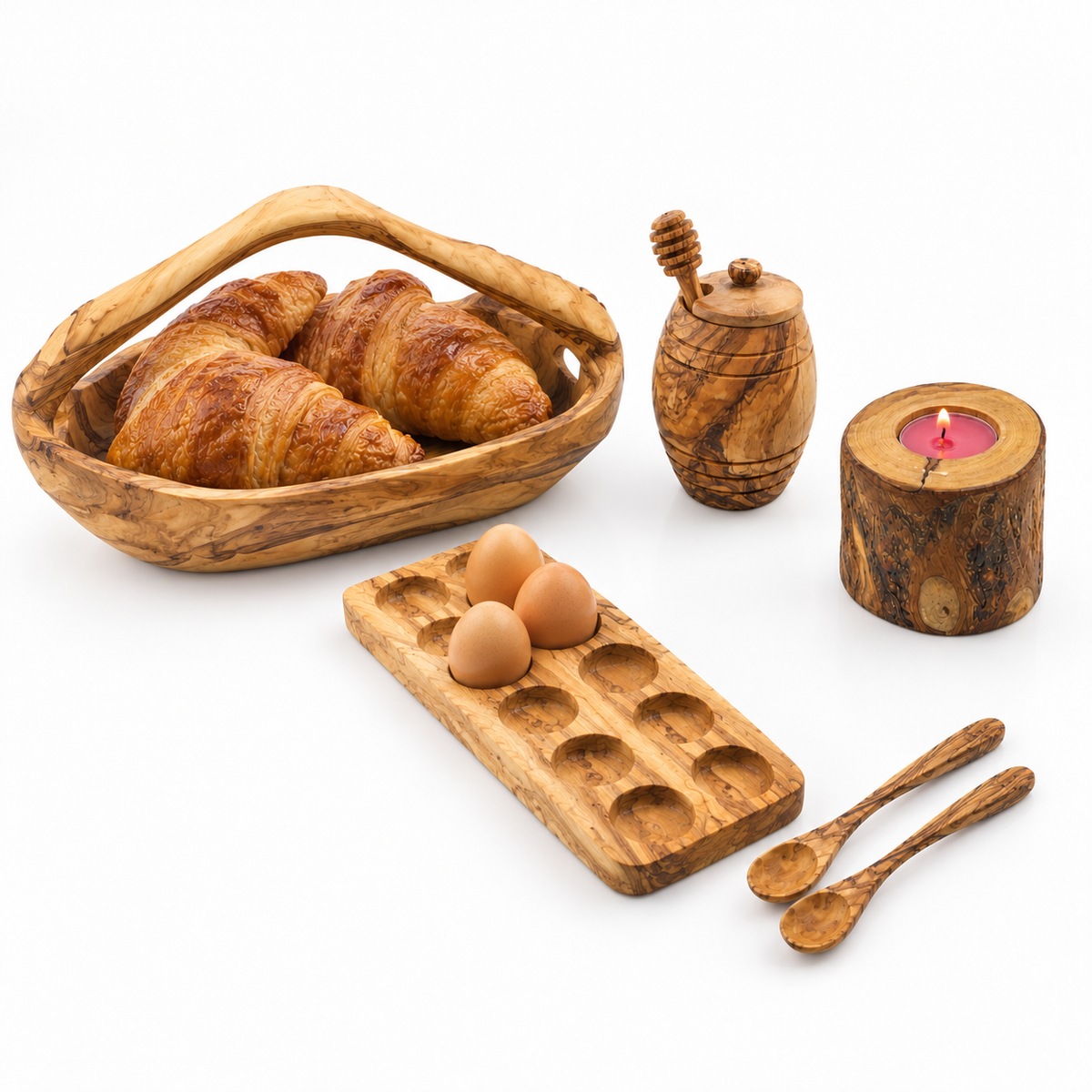 Olive wood brunch gift set: bread basket with croissants, honey jar with dipper, egg stand, tea light holder and 2 small spoons