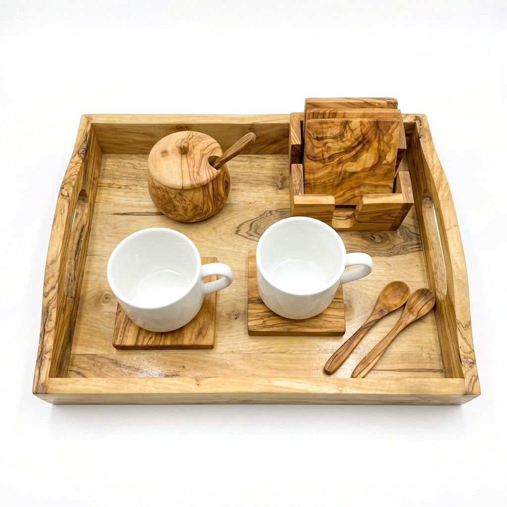 Olive wood coffee break gift set: serving tray with handles, 6 coasters, sugar bowl and 2 spoons