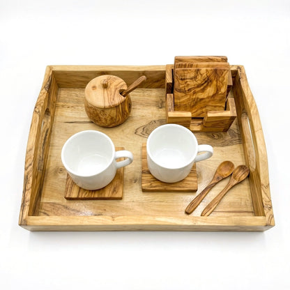 Olive wood coffee break gift set: serving tray with handles, 6 coasters, sugar bowl and 2 spoons