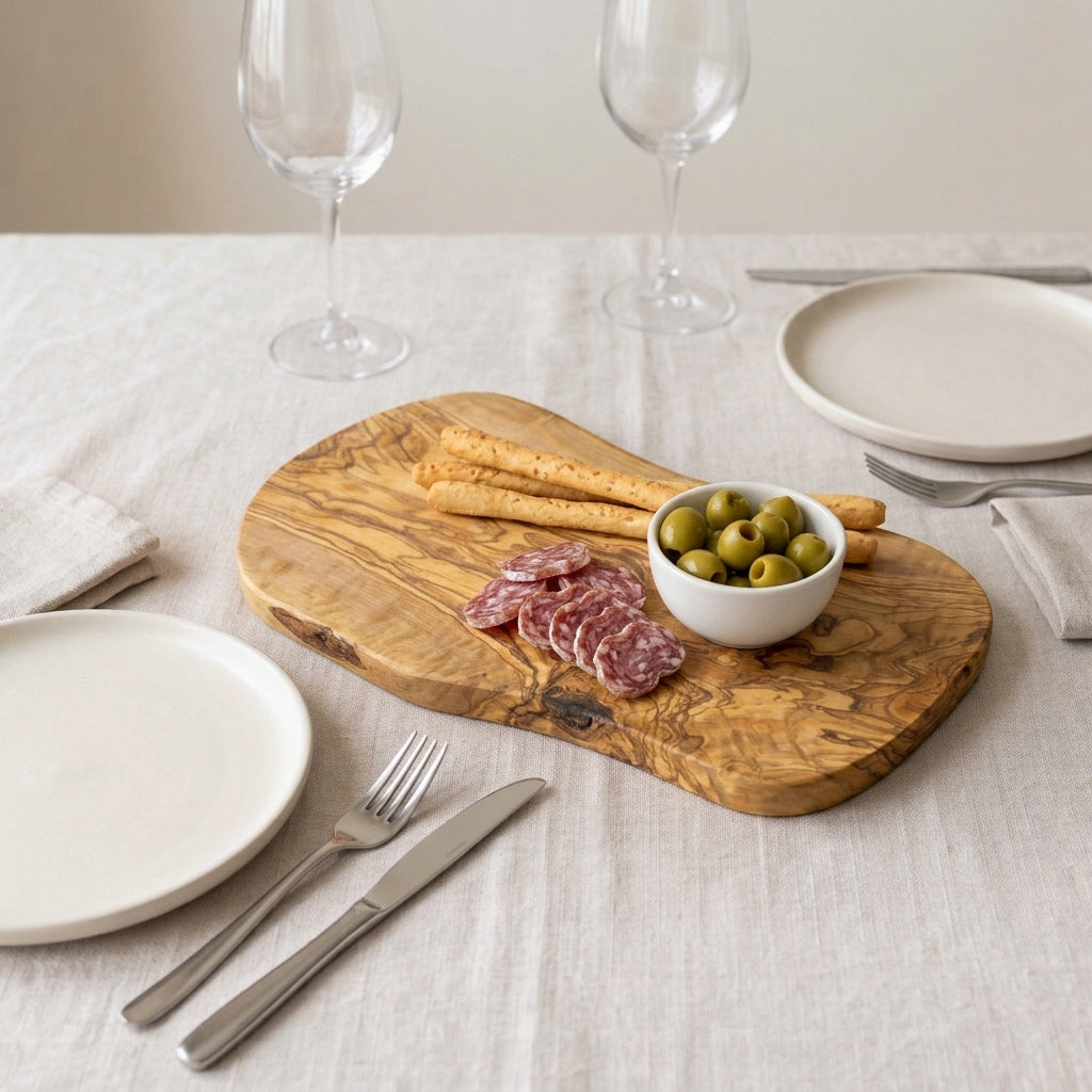 Organic-shaped olive wood board on a set table, with salami, olives and breadsticks