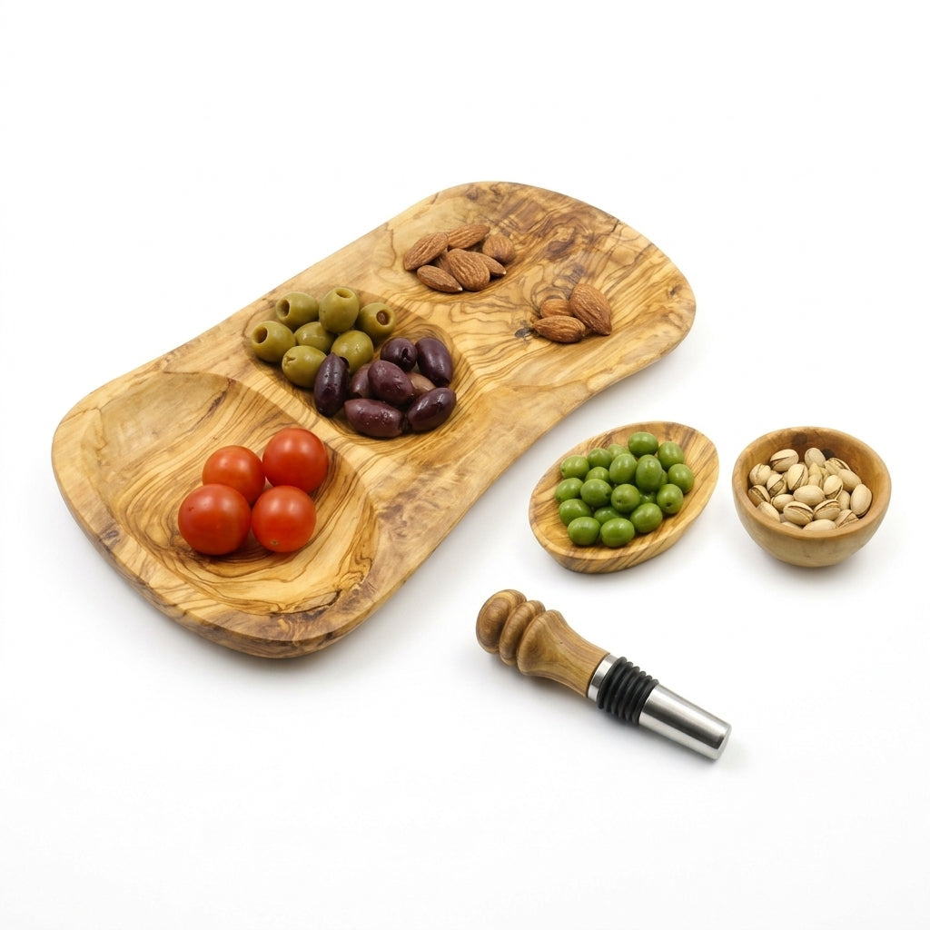 Olive wood sharing aperitif gift set: 4-compartment tray with olives, almonds and tomatoes, 2 small bowls and a bottle stopper