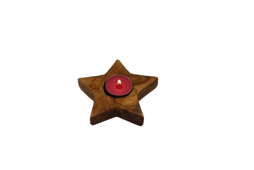 Olive wood candle holders star