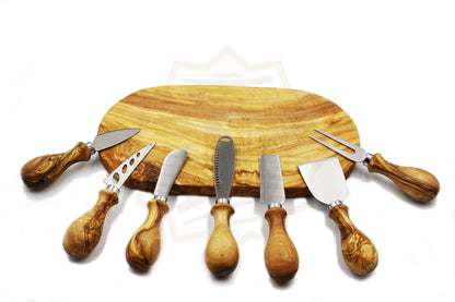 Olive wood luxurious set of 7 cheese knives with board