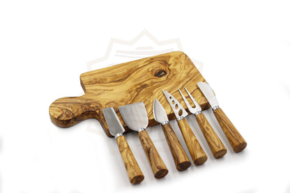 Olive wood luxurious set of 7 cheese knives with board