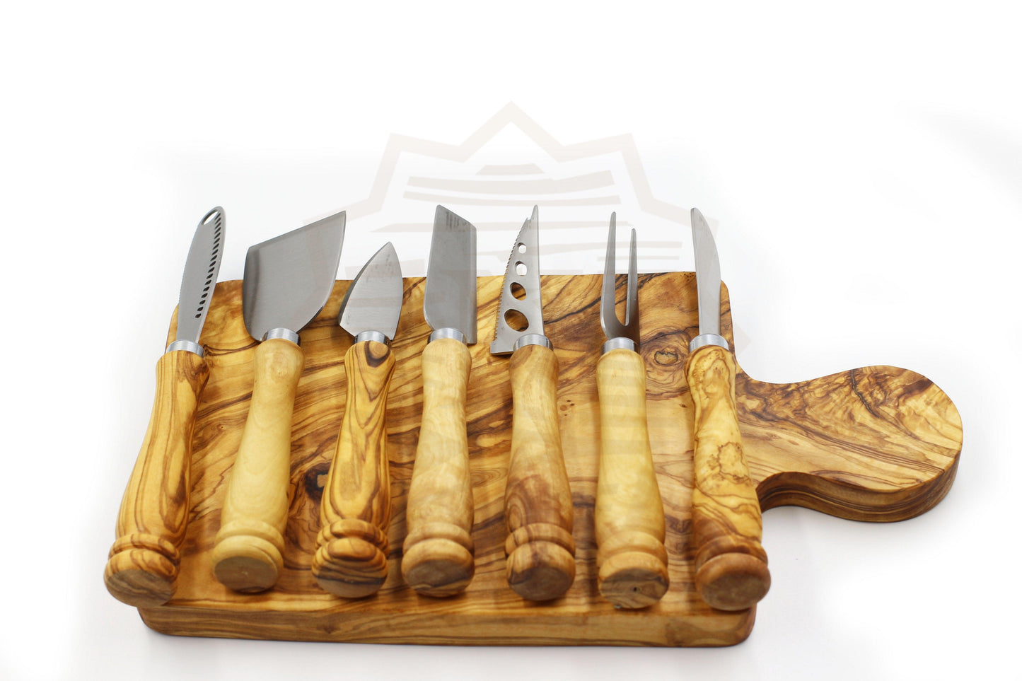 Olive wood luxurious set of 7 cheese knives with board