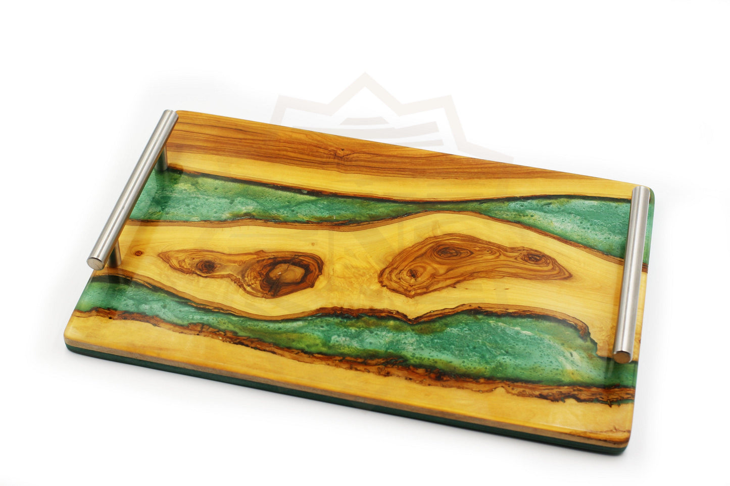 Rectangular olive wood serving tray with handles