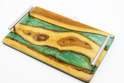Rectangular olive wood serving tray with handles